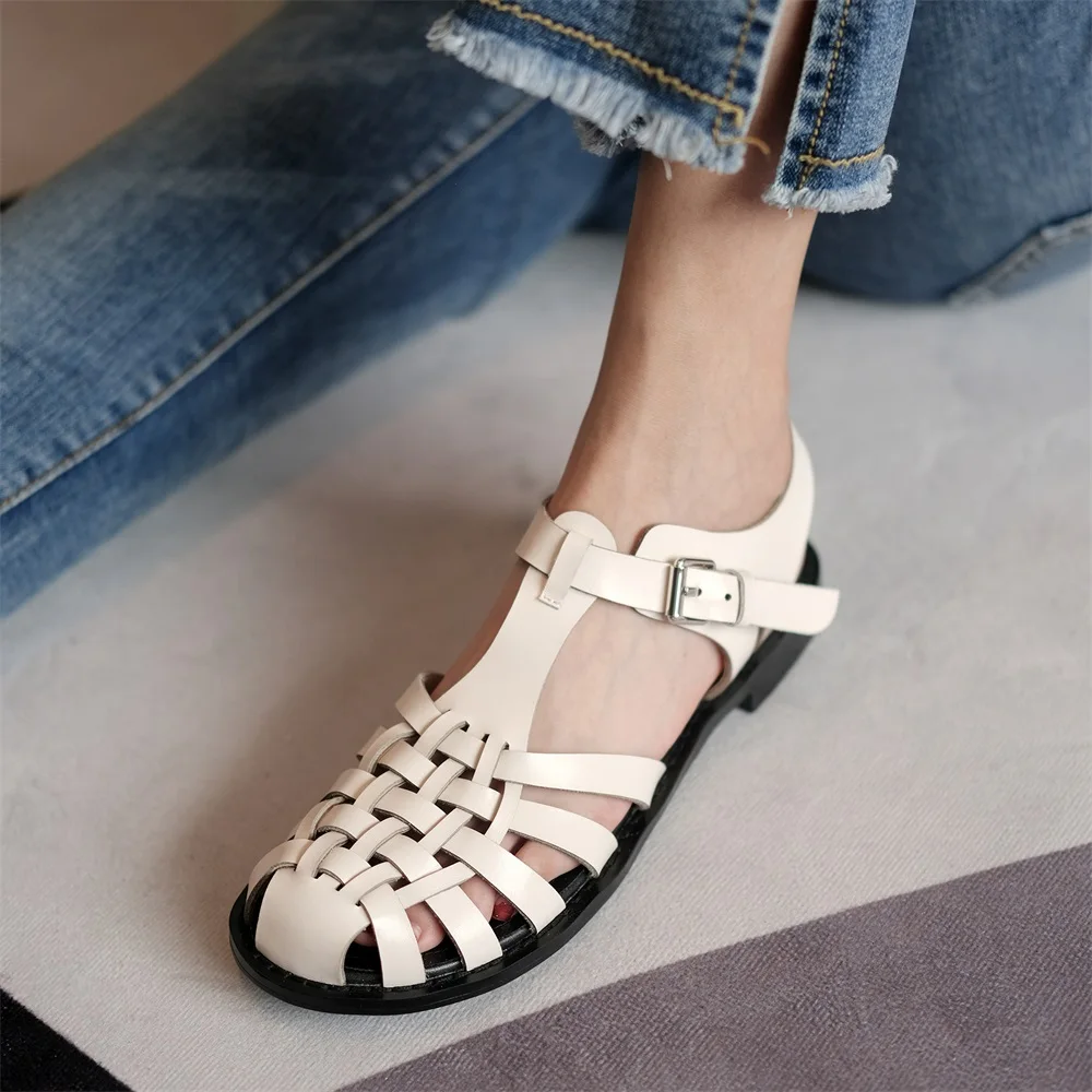 Flats Sandals Women Summer New Casual Round Toe Roman Style Genuine Leather Handmade Comfortable Flats Lady Shoes Big Sizes 43