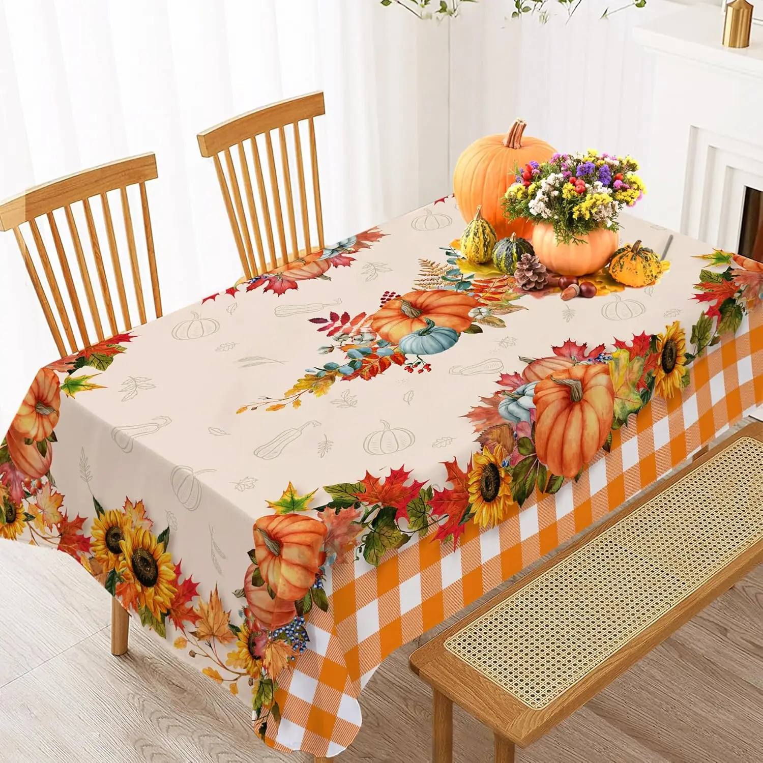 Thanksgiving Fall Pumpkins Maple Leaves Buffalo Plaid Tablecloths Autumn Orange Sunflower Table Cloth Kitchen Dining Table Decor