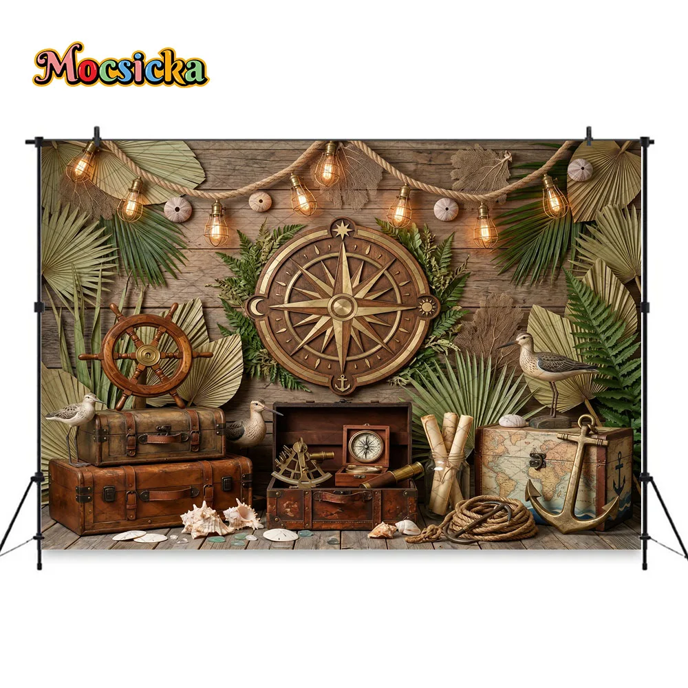 Mocsicka Baby Shower Nautical Adventure Backdrop Photography Compass Ship Map Background Kids Pirate Birthday Party Studio Decor