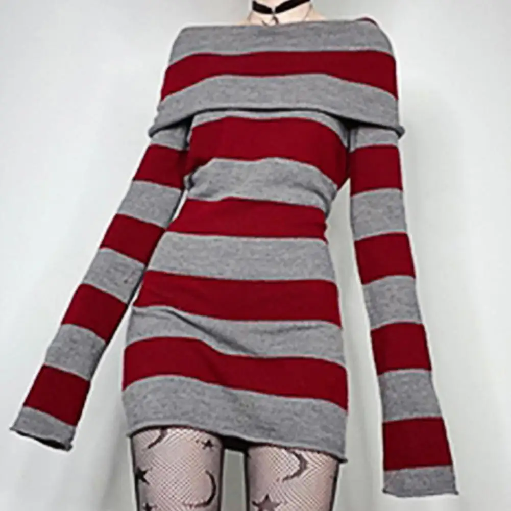 Stripe Pattern Sweater Dress Sexy Off shoulder Long Sleeves Women Knitted Sweater Dress Skinny Body con Dress Pullovers