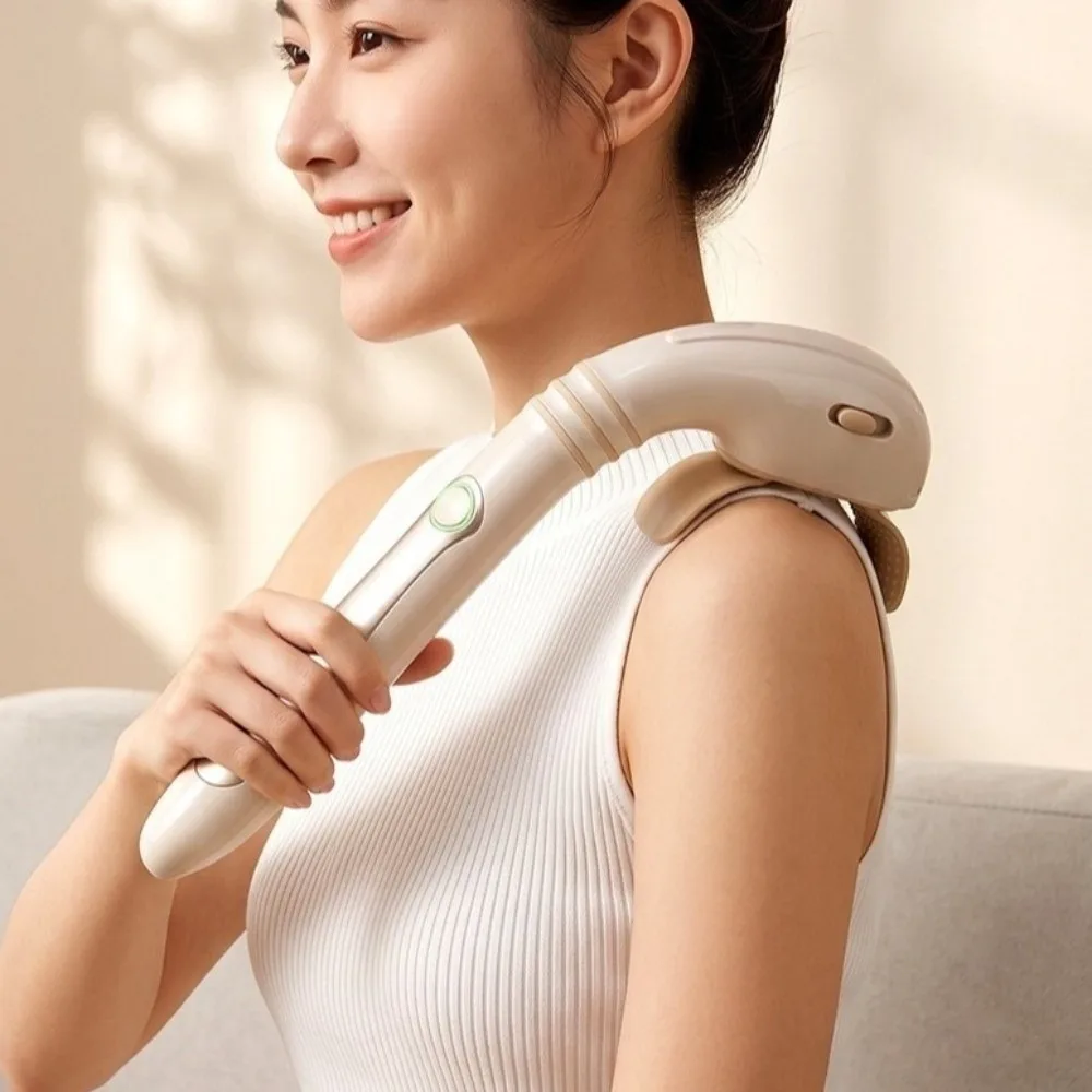 Long Handle Handheld Shoulder Neck Massager Simulated Kneading 3-Speed Adjustable Muscle Relaxing Neck Massager USB Rechargeable