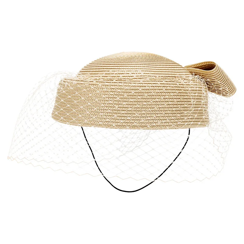 British Style Spring Summer Mini Straw Fascinator Hat with Face Veil Elegant Cocktail Church Party Ladies Fascinators Headpieces