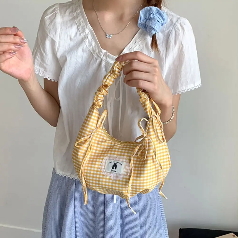 

Sweet Y2k Bow Shoulder Bag Ruffles Pleated Plaid Armpit Bag Leisure Commuting Underarm Bag Handbags