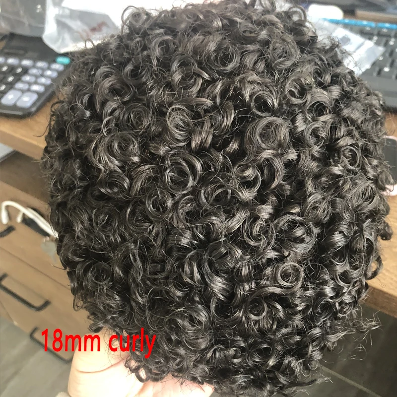 100% Human Hair Capillary Prosthesis Natural Hairline Men\'s Toupee 0.1mm Full PU Base 18mm Curly Male Wigs Replacement Soft Unit