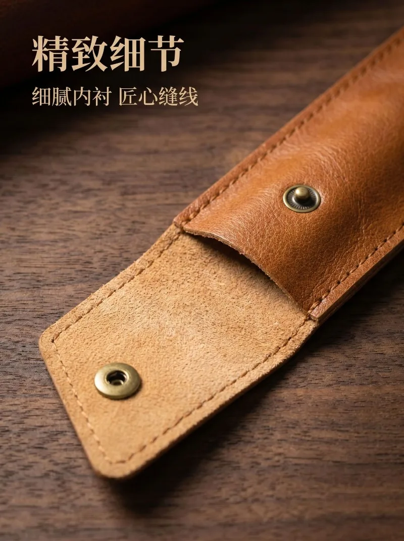 Thin‑Style High‑quality PU Leather Pen Storage Pouch, Hand Sewn Edge, Metal Snap‑Button Two‑slot Lightweight Portable Pen Holder