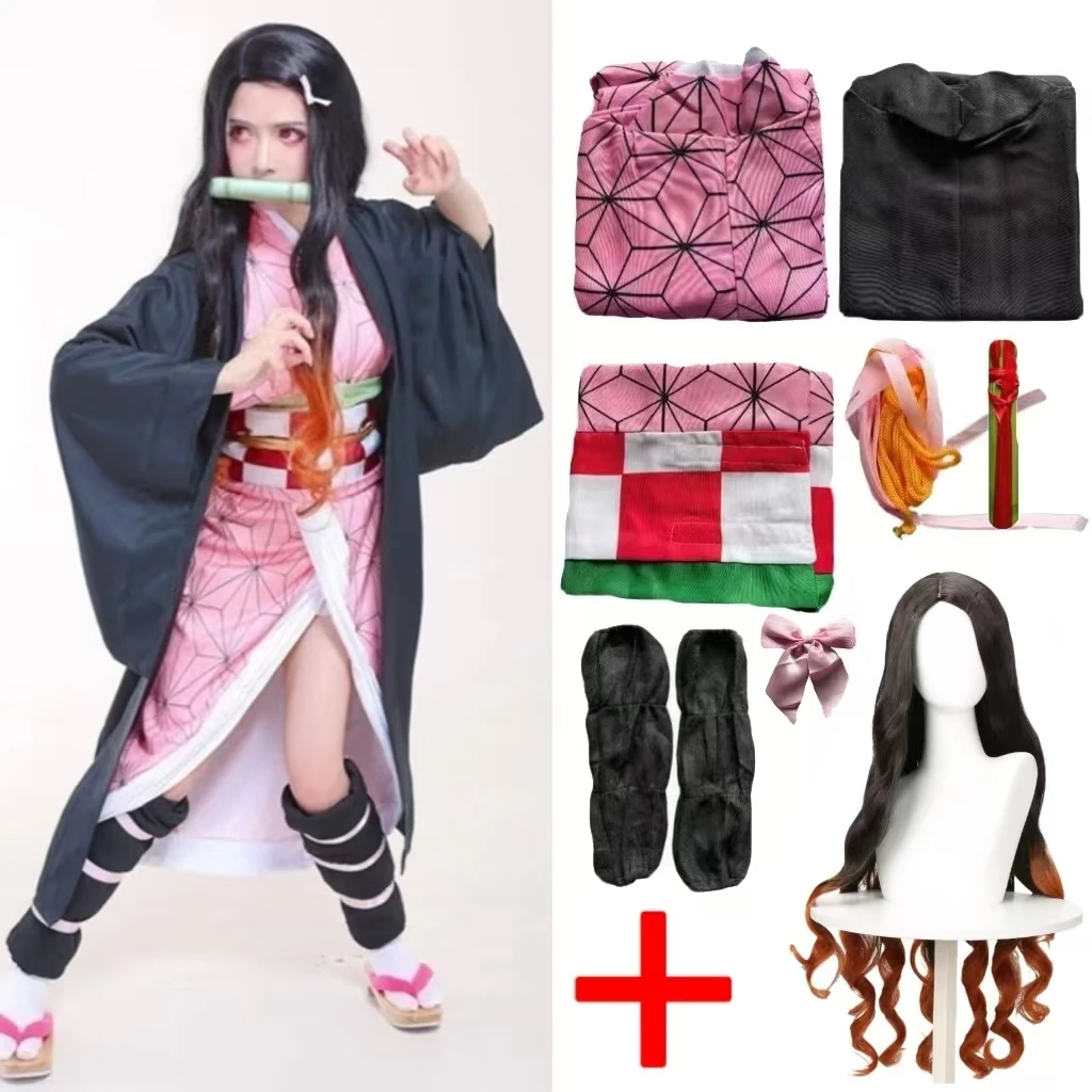 Kamado Nezuko Anime Cosplay Costume, Kimono, Perruque, Uniforme, Hallween, Femmes, Enfants