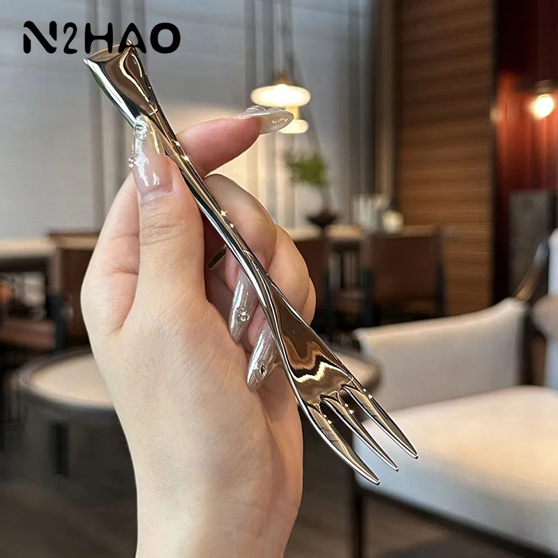 Stainless Steel Dinner Fork Long Handle Table Forks Set Korean Cutlery Four Tine Salad Dessert Fruit Forks Kitchen