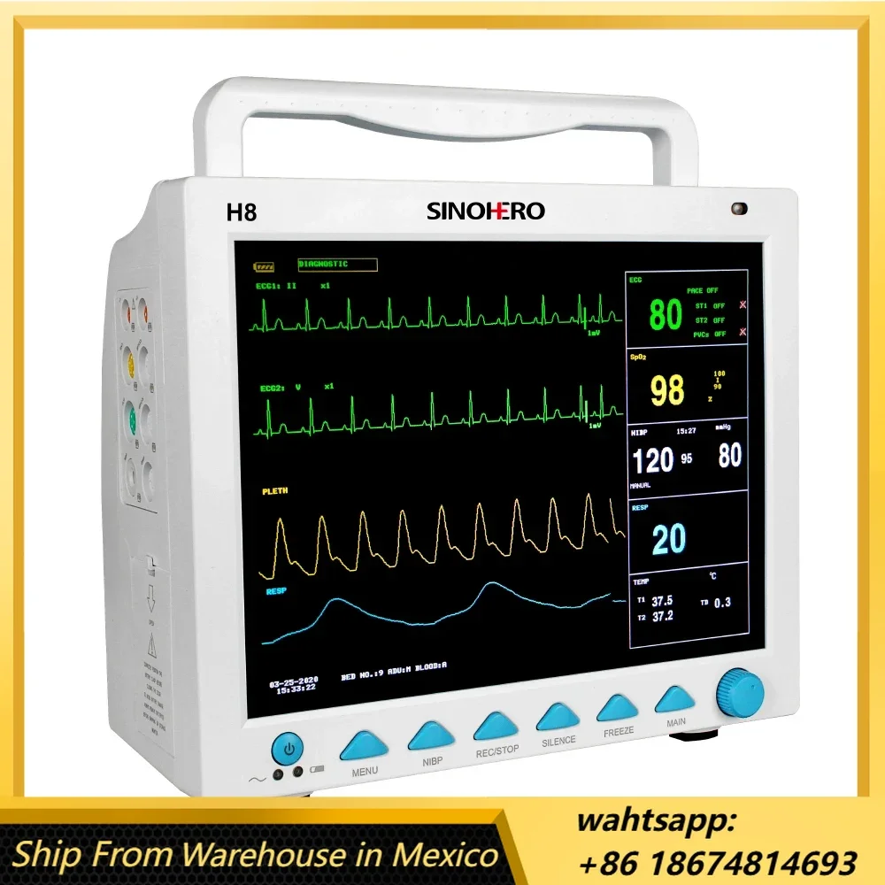 SINOHERO H8 Multi-Parameter Patient Vital Sign Monitor for Human 12.1'' Color LCD Display ECG RESP NIBP SpO2 TEMP Machine