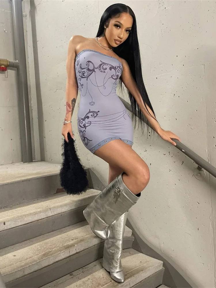 Nibber Patchwork Metal Rings Dress Women Skimpy Backless Strapless Graphic Print Sexy Slim Midnight Clubwear Party Mini Bodycon