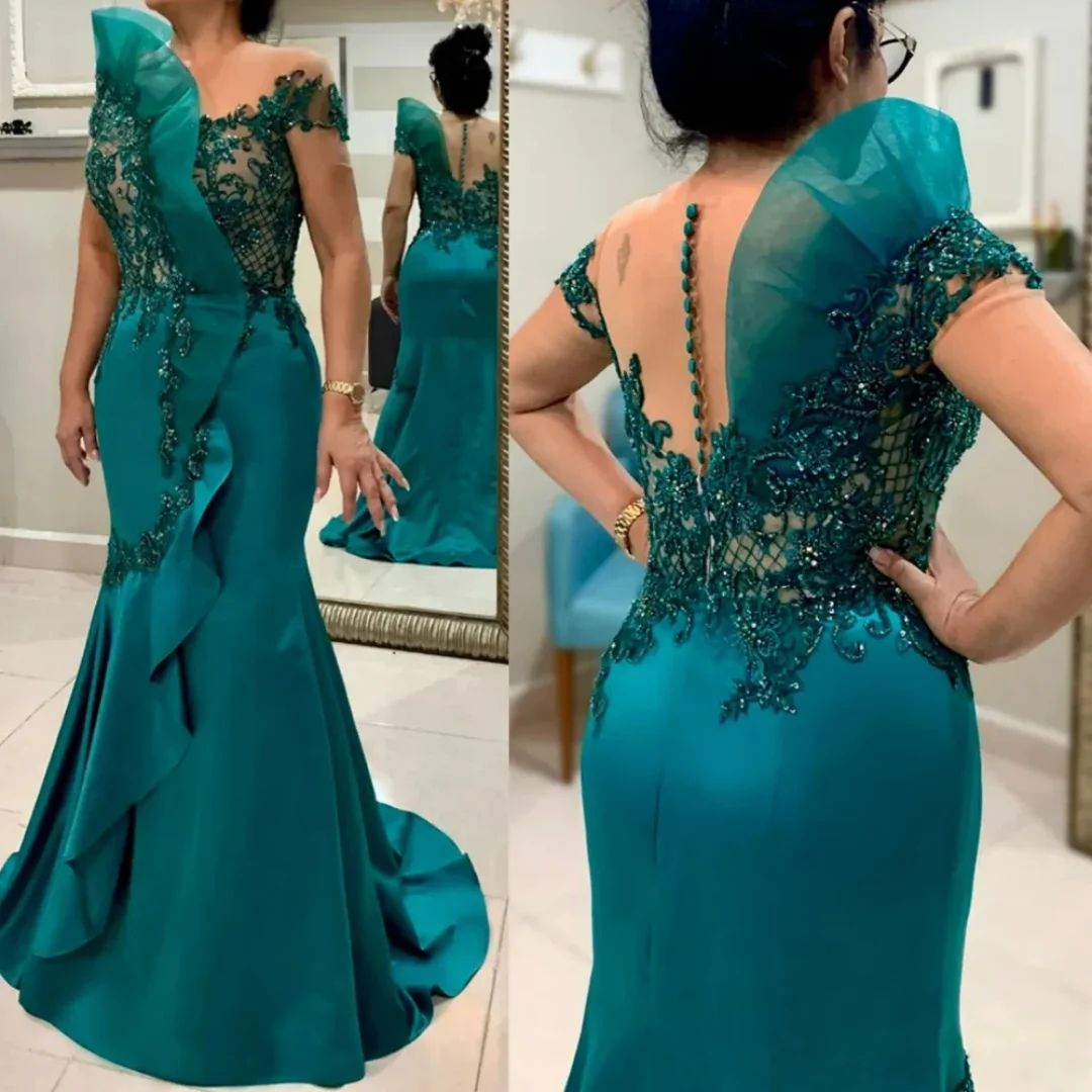 

Hunter Mermaid Lace Beaded Short Sleeves Wedding Party Formal Dress Elegant Mother of the Bride Dresses For Women Customized