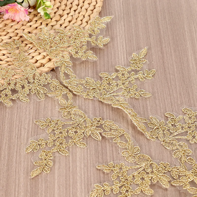 2 Yards Gold Cording Fabric Flower Venise Venice Mesh Lace Trim Applique Sewing Craft for Wedding Dec. 4.7cm wide