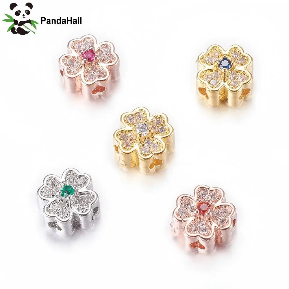 PandaHall 30pcs Rack Plated Brass Micro Pave CZ Flower Beads, 8x5mm for Beaded Bracelet Necklace Jewelry Making & Beading Crafts