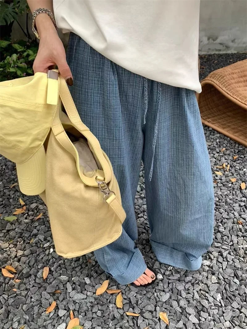 Fine Check Linen Wide Leg Pants Women Drawstring Elastic Waist Loose Oversized Casual Beach Lounge Trousers