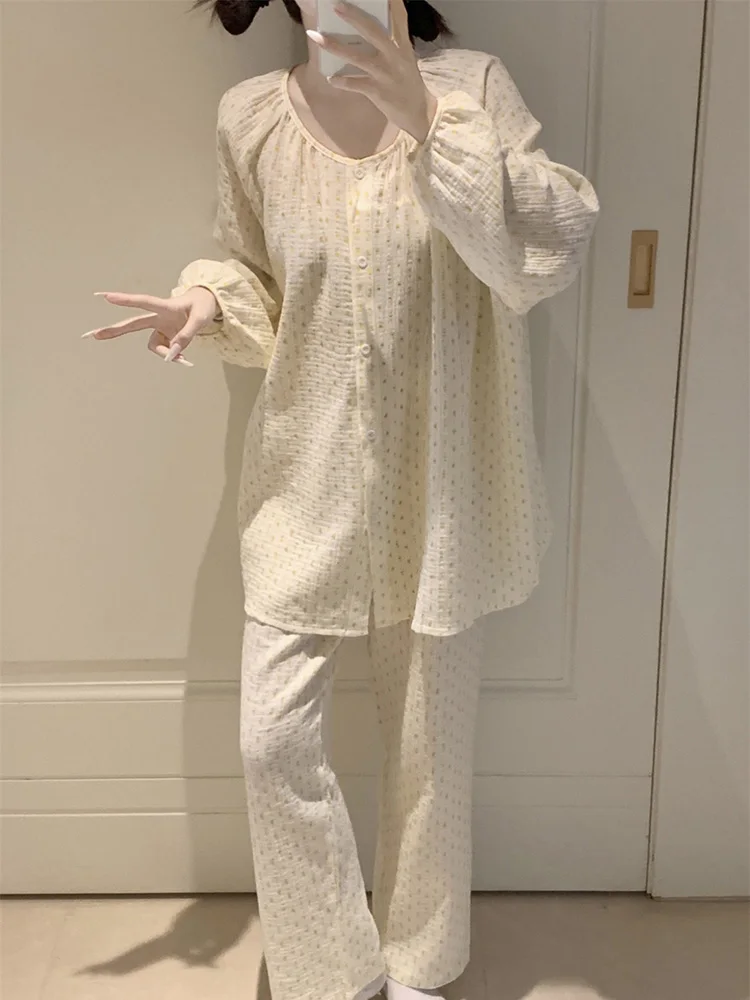 

New Soft Floral Flowers Spring Summer Cotton Sweet Girlish Long Sleeve Pajama Set Women O-Neck Kawaii Casual Elegant Sleepwear