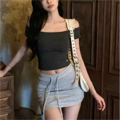 Summer New 2024 Solid Color One Hot Diamond Slim Fit Spicy Girl Base Shirt Short Dark Gray Off Shoulder Top