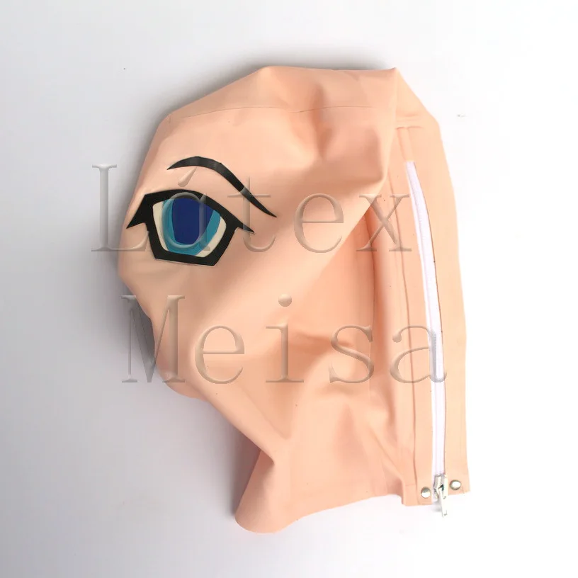 Cartoon Head Latex hoods rubber masks with mouth con-dom attached back zip in flesh color