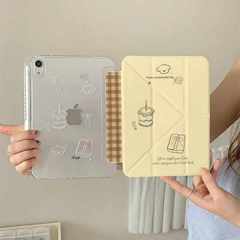 Ins Cartoon Line Cake Puppy Tablet Case For iPad Pro 11 12.9 13 M2 M4 M3 M5 Shell 8.3 9.7 10.2 5/6/7/8/9/10/11th Air 4 5 6 Cover