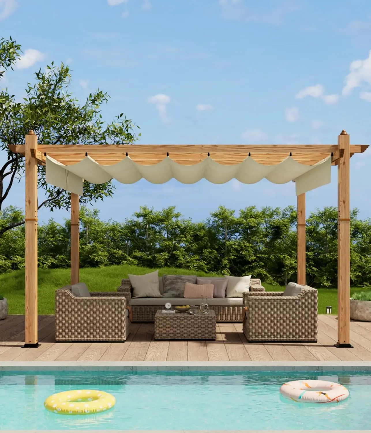 

10' X 13' Aluminum Pergola Faux Wood Outdoor Pergola with Retractable Canopy Metal Pergolas Shelter for Backyard Deck Patio Gard
