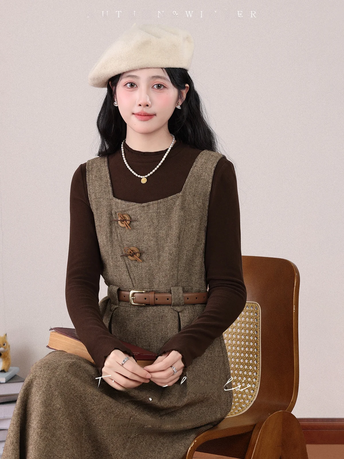 Jiang Bu Li Vintage Merlot Aosphere Dr femmes hiver t-shirt gilet jupe ensemble longue Sve Midi Dr a-ligne basique Sle