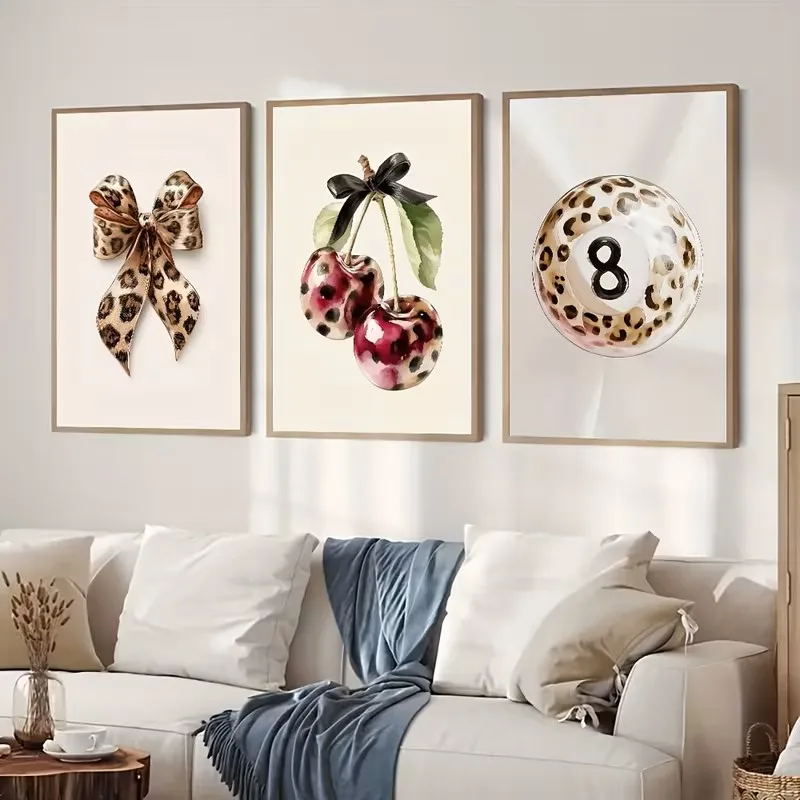 

3pcs Leopard Print Bow Cherry 8-ball Poster Teenage Fashion Canvas Printed Home Decoration Apartments Bedrooms Living Rooms