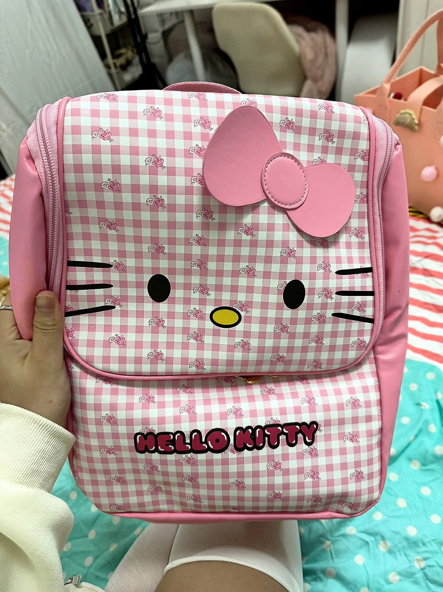 Mochila bonito Hello Kitty para menina, bolsa de escola de couro PU, saco de viagem vintage, laptop feminino, estudante universitário, novo, Y2K