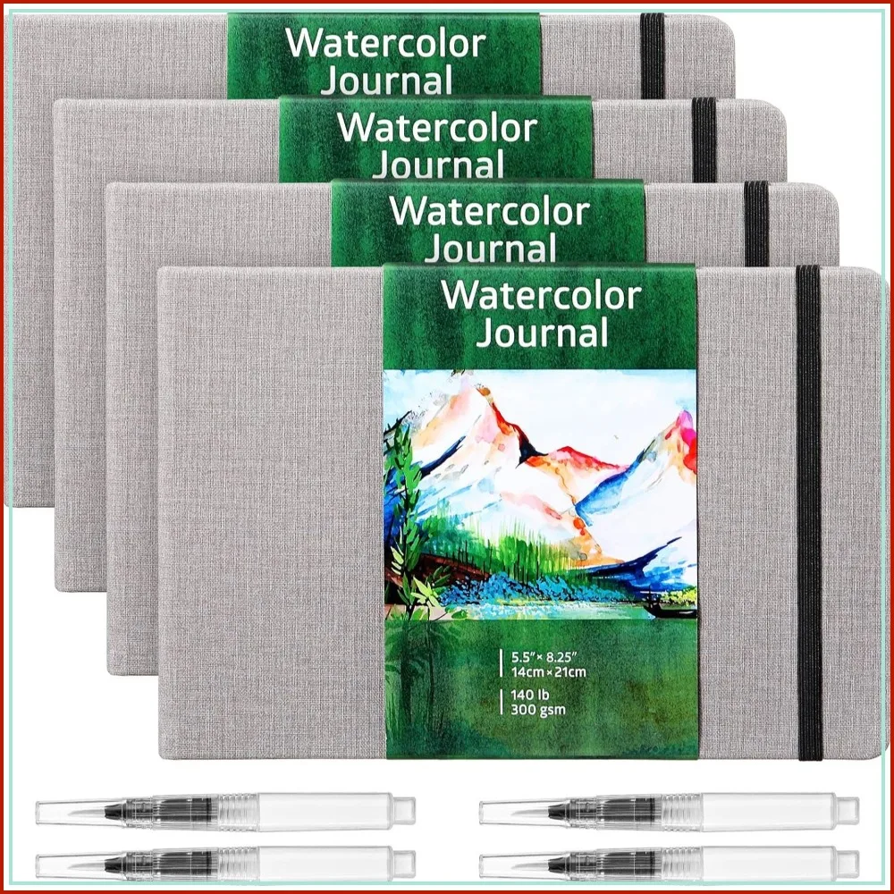 

4-Pack Watercolor Sketchbook Set with Brush Pens, 300GSM Cotton Paper, 5.5x8.25 Inch, Grey