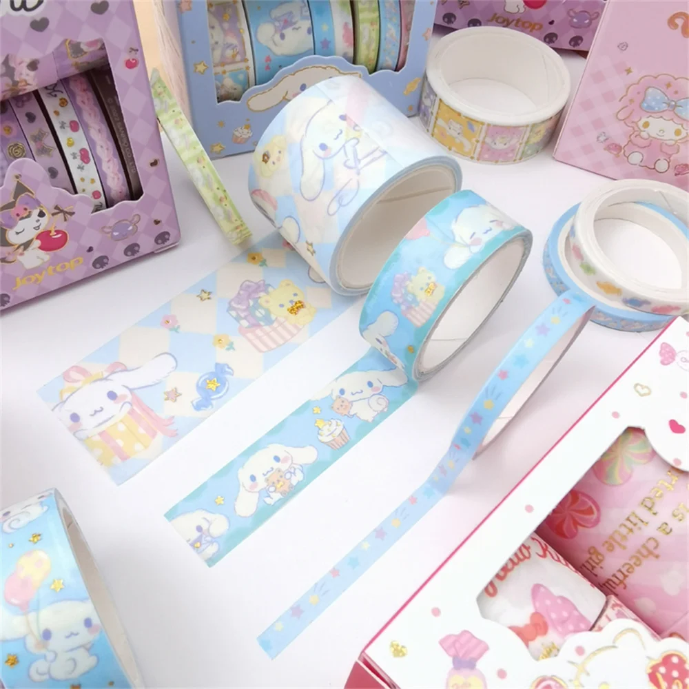 10Roll/Box Sanrio Stickers Roll Box Kuromi Cinnamoroll Hello Kitty Scrapbook Reward Sticker Label Decal Handmade Gifts Kids Toys