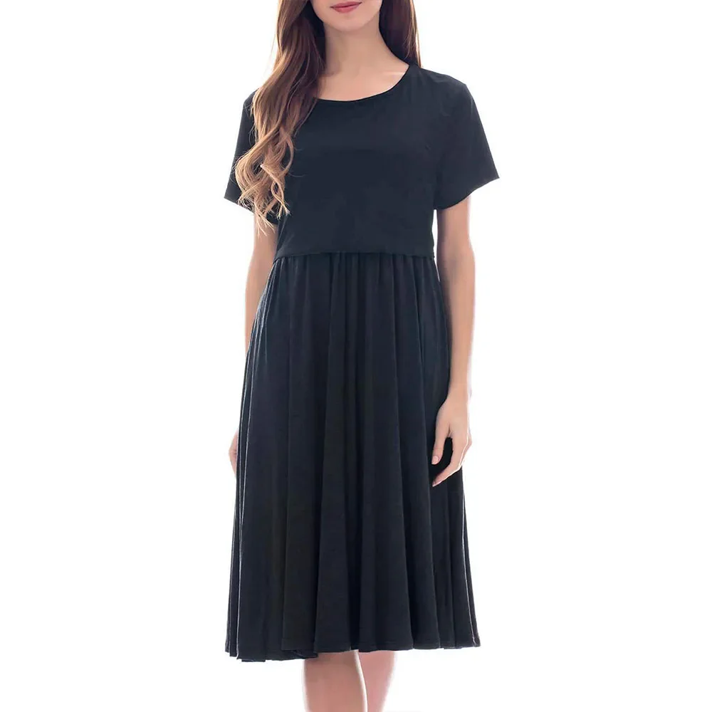 2024 Summer Women\'s Nursing Dress Summer Short Sleeve Patchwork Maternity Breastfeeding Knee Length Dress