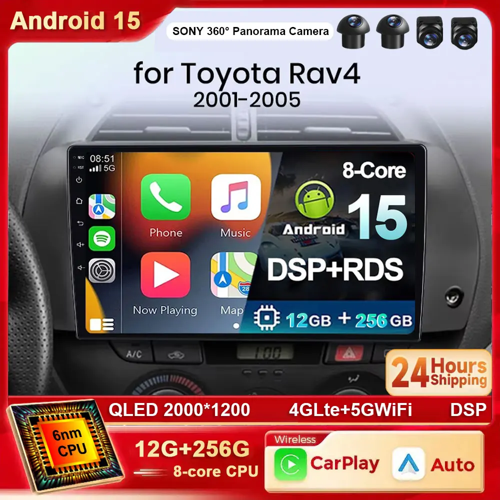 

Android 15 Carplay автомобильный радиоприемник мультимедийный видеоплеер навигация GPS WIFI + 4G BT для Toyota RAV4 2001 2002 2003 2004 2005