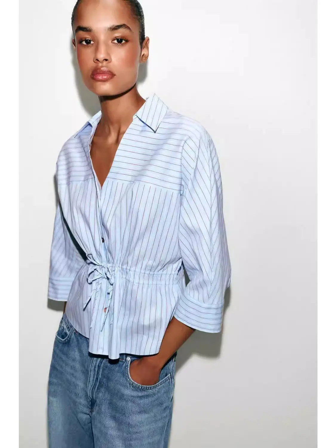 

Spring Summer New Arrival Women's Elegant Style Shirt Striped Long Sleeve Turn-down Collar Knot Decorated Cotton Blend