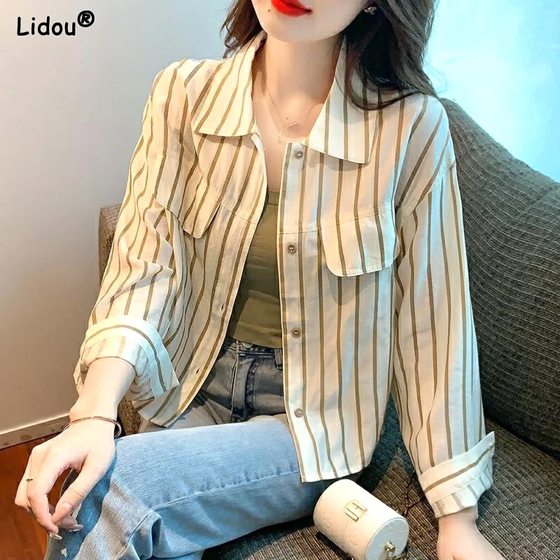 

Pockets Loose Solid Button Striped Shirts Simplicity Turn-down Collar Streetwear Casual Straight Women's Clothing Spring Summer