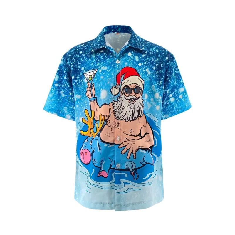 

Men Hawaiian Floral Shirt Christmas Theme Print Trendy Shirt Beach Vacation Style Short Sleeve Shirt
