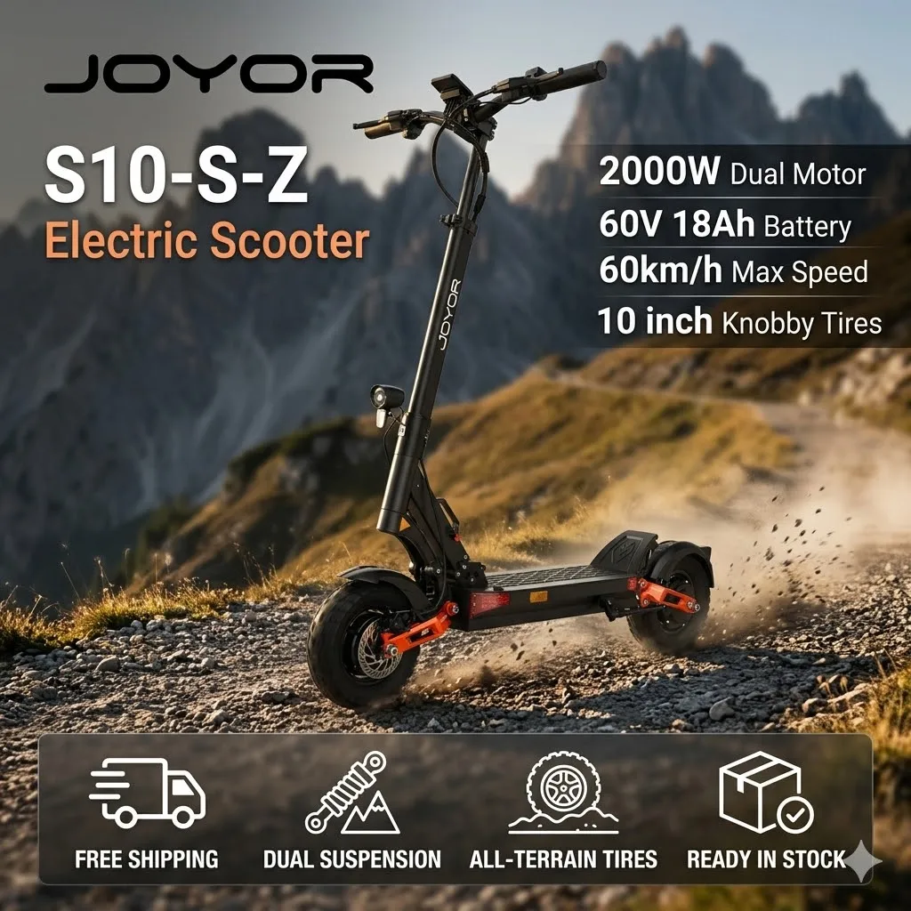 Monopattino Elettrico JOYOR S10-S-Z 2000W Doppio Motore Batteria 60V 18Ah Pieghevole per Adulti Alta Velocità Lunga Autonomia Fuoristrada Urbano Certificato UE Doppia Sospensione Freni a Disco Luci LED Scooter Portatile da Viaggio