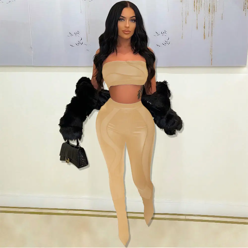 セクシーなスリムフィットツーピースセット、ラップチェストトップと透け感のあるパンツ、ファッショナブルな透明デザイン、女性用、春向け