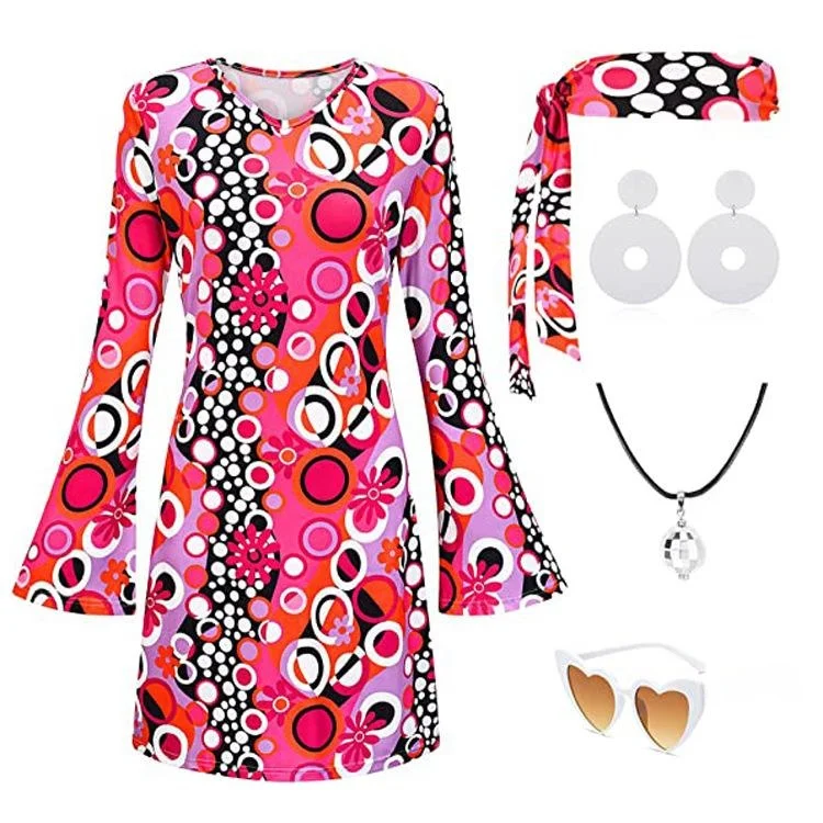 Disfraz de Halloween estilo disco hippie, vestido de festival con estampado de pañuelo, conjunto de dos piezas, falda de cint...