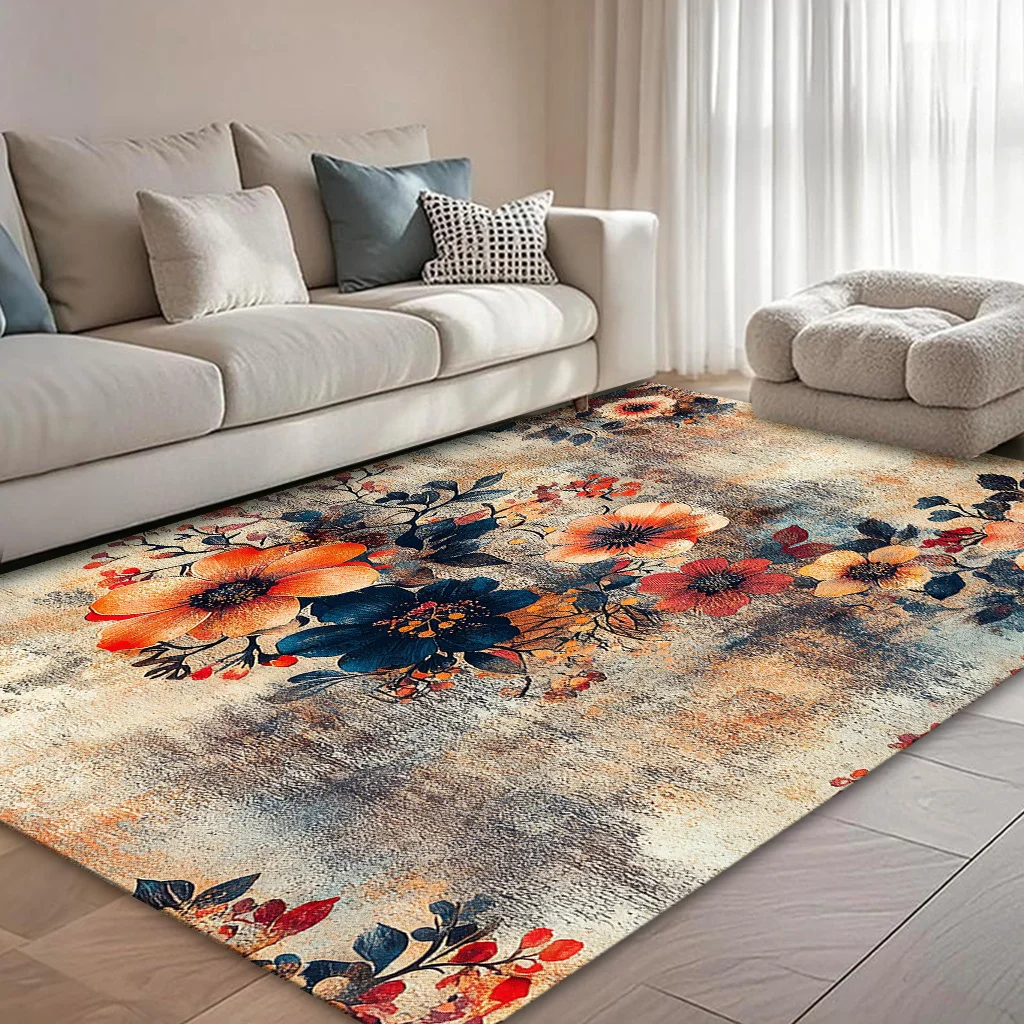 [2D Flat]Large Vintage Watercolor Floral Rug – Oil Painting-Style Floral Art Floor Mat for Living Room, Bedroom, and Home Decor