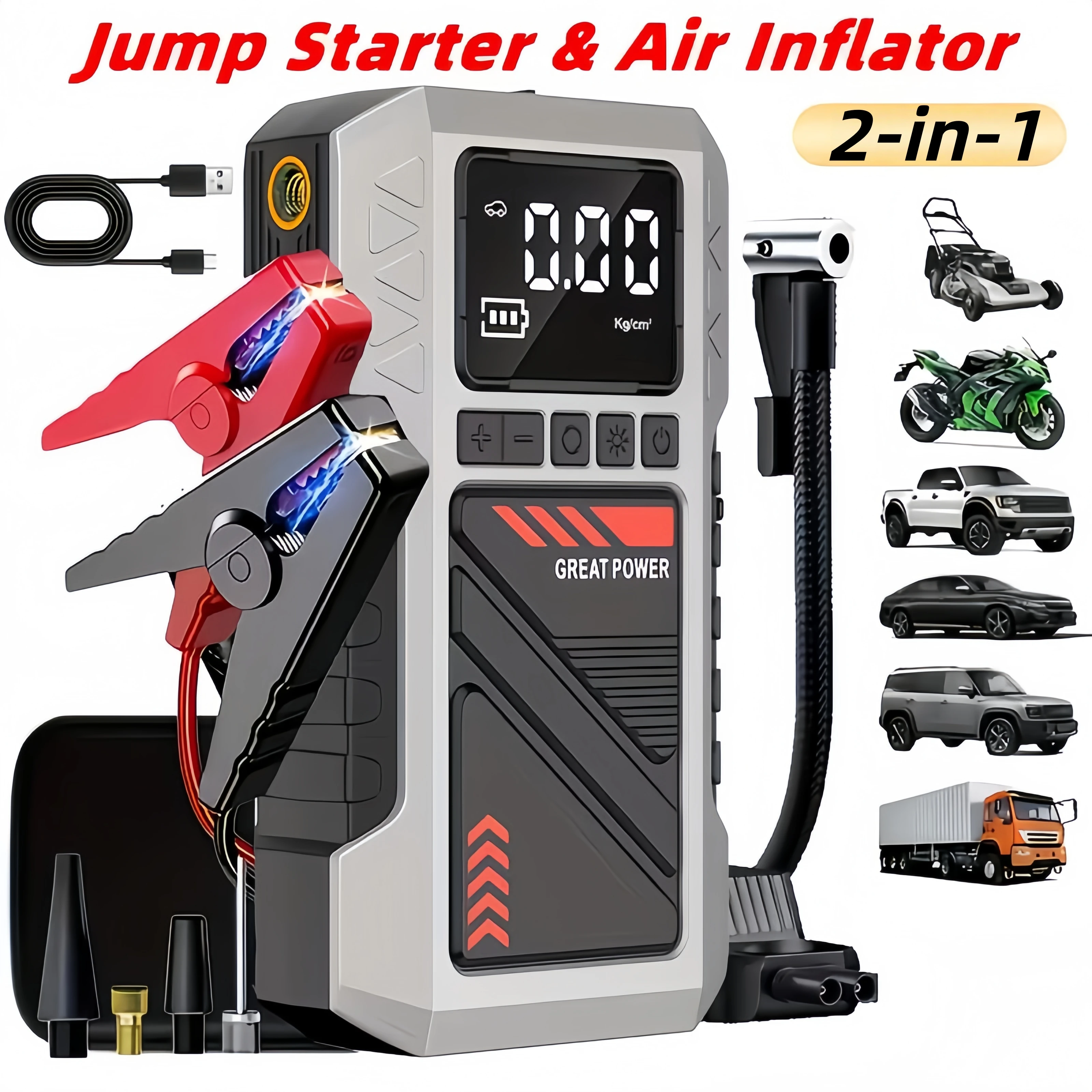 

Multifunctional vehicle emergency power supply (including 12V battery booster starter and air compressor)