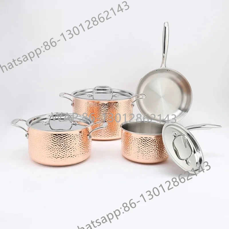 Set di 7 pentole e pentole martellate in rame e acciaio inossidabile a tre strati