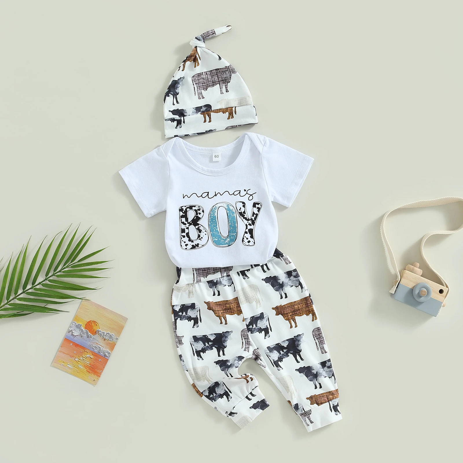 Baby Boy Summer Cowboy Jumpsuits Suit Letter Print Short Sleeves Romper T-Shirt and Casual Cow Print Pants Hat Casual Outfit