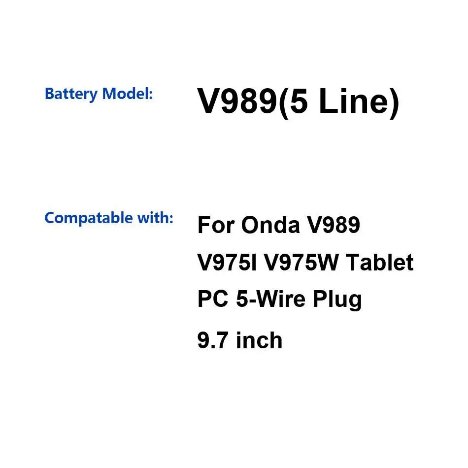 Tablet Battery 11500mAh For Onda V989 V975I V975W 5-Wire 5 Line Environmentally Friendly