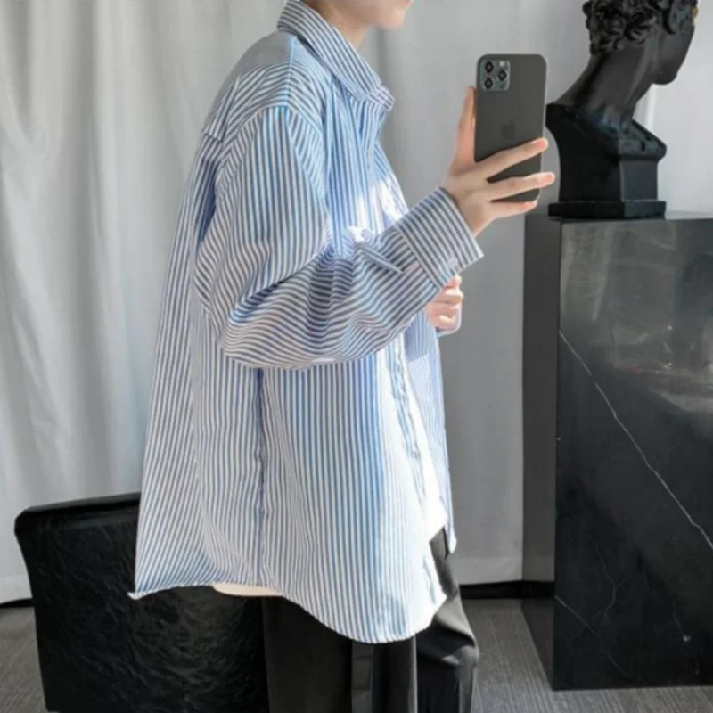 Spring Summer Men's Blue White Striped Long Sleeve Shirt Fashion Handsome Versatile Retro Loose Casual Cardigan Shirt Coat