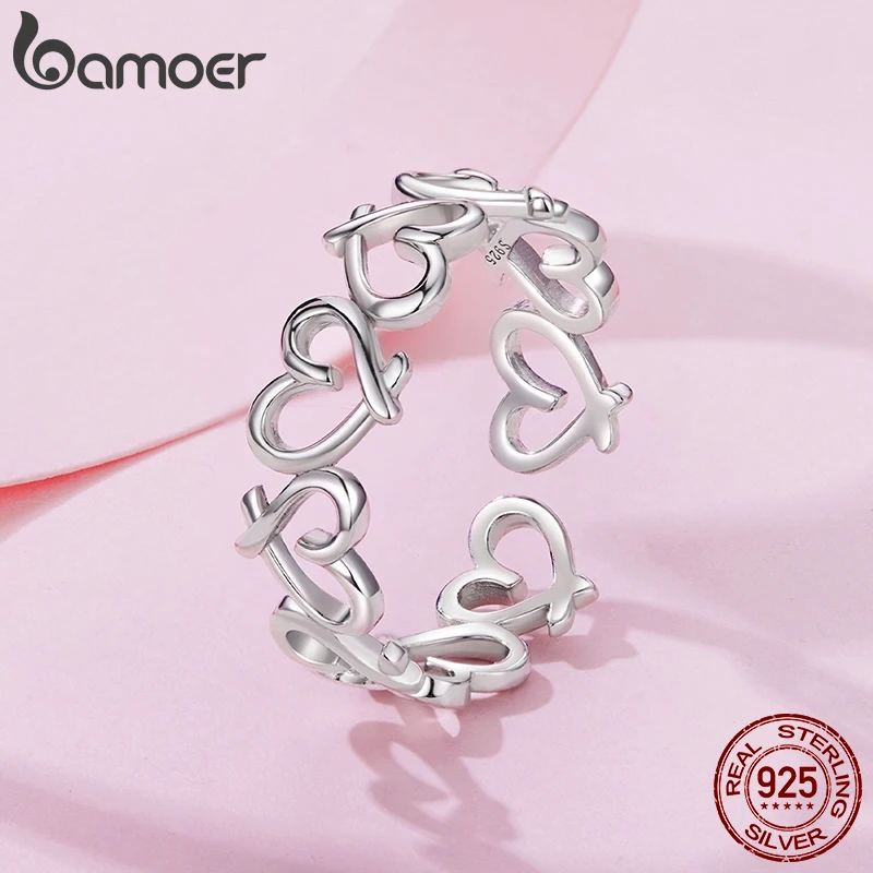 

Bamoer 925 Sterling Silver Hollow Love Heart Open Ring for Women Minimalist Adjustable Wedding Statement Promise Jewelry Gifts