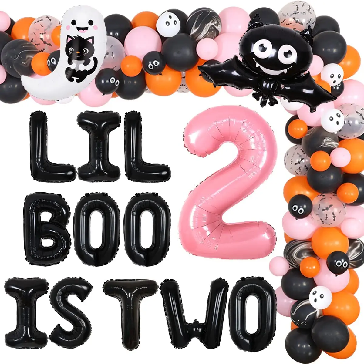 

Lil Boo-Halloween Party Decorations for Girls, Garland Kit, Ghost Bat, Number 2 Balloons Supplies, 2nd Birthday, Pink, Orange