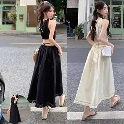 2024 Sexy White Black Off Shoulder Halter Pleated Maxi Dress Fashion Sleeveless Loose Dresses Summer Ladies High Streetwear