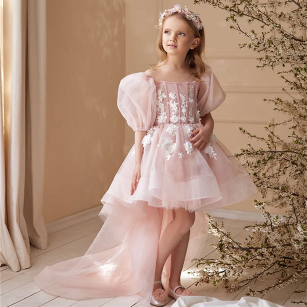 تخصيص جديد 2025 الزهور زين نفخة الأكمام الزفاف أول بالتواصل فستان طول الركبة أنيقة رسمية زهرة فتاة فستان