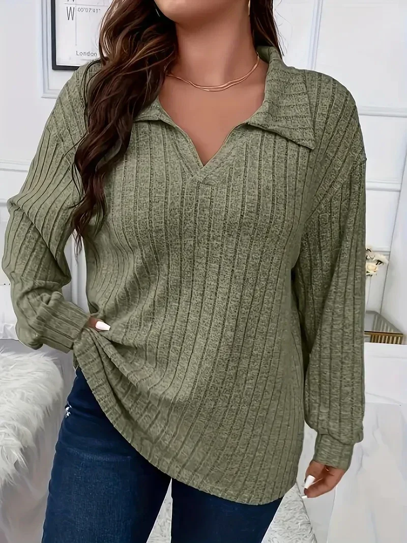 Plus Size 1XL-5XL Women\'s New Solid Ribbed Long Sleeve T-shirt Ladies Casual Lapel Collar Slight Stretch Loose T-shirt