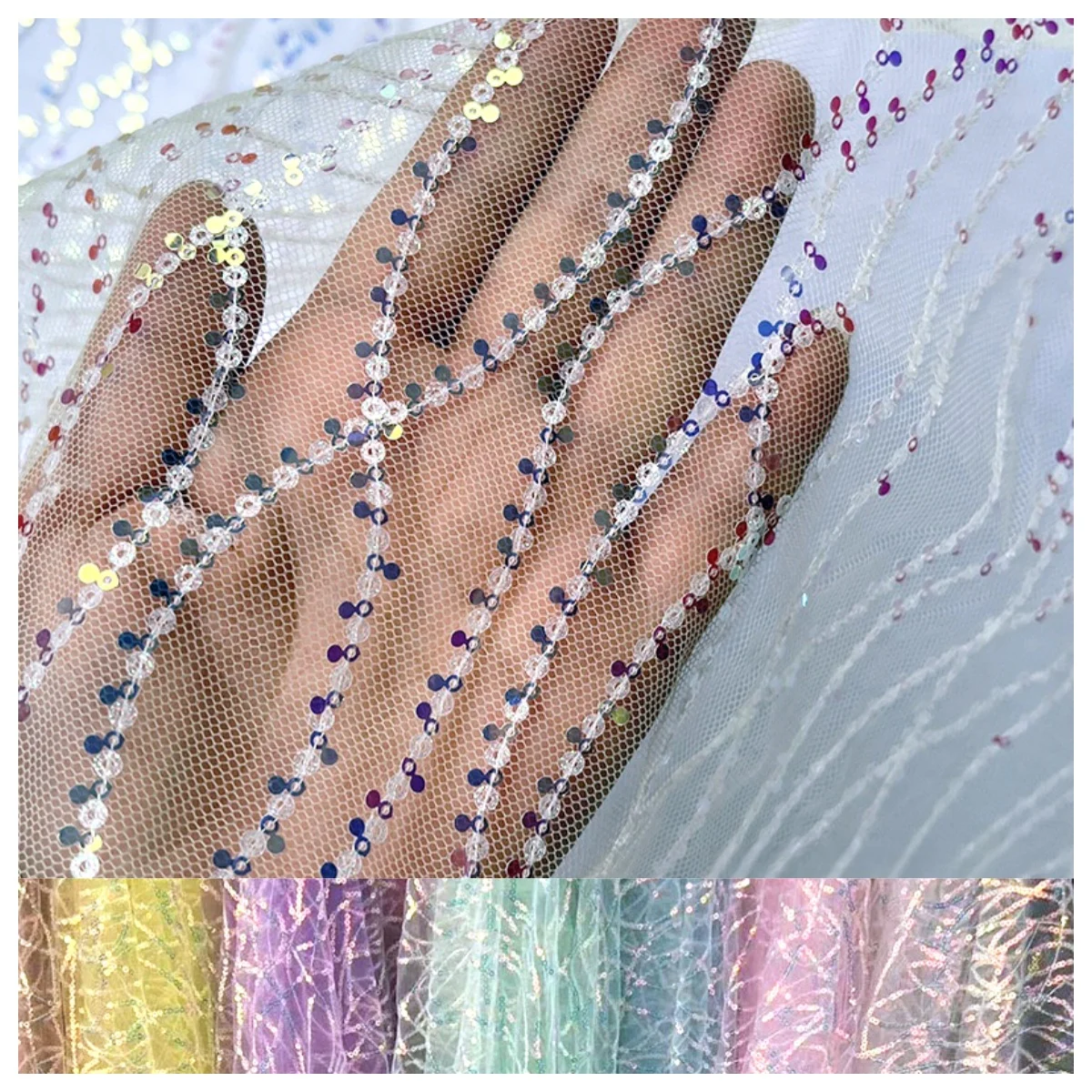 Luxury Sequin Embroidered Lace Mesh Fabric Glittery Overlay Bridal Dress Wedding Gown Gift Wrapping High-End Couture DIY Craft