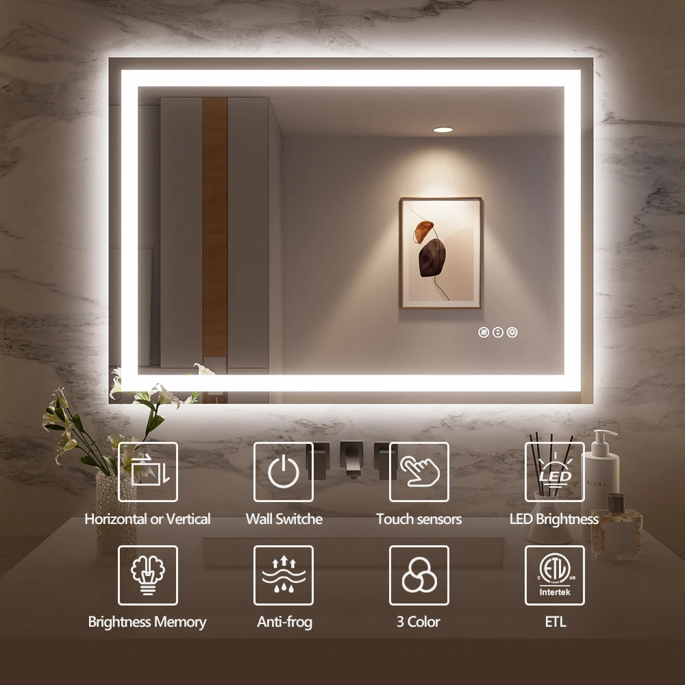 48x36 Inches Smart Anti-Fog LED Bath Mirror with Backlight and Front Light, 3-Color and Dimmable, Brightness Memory