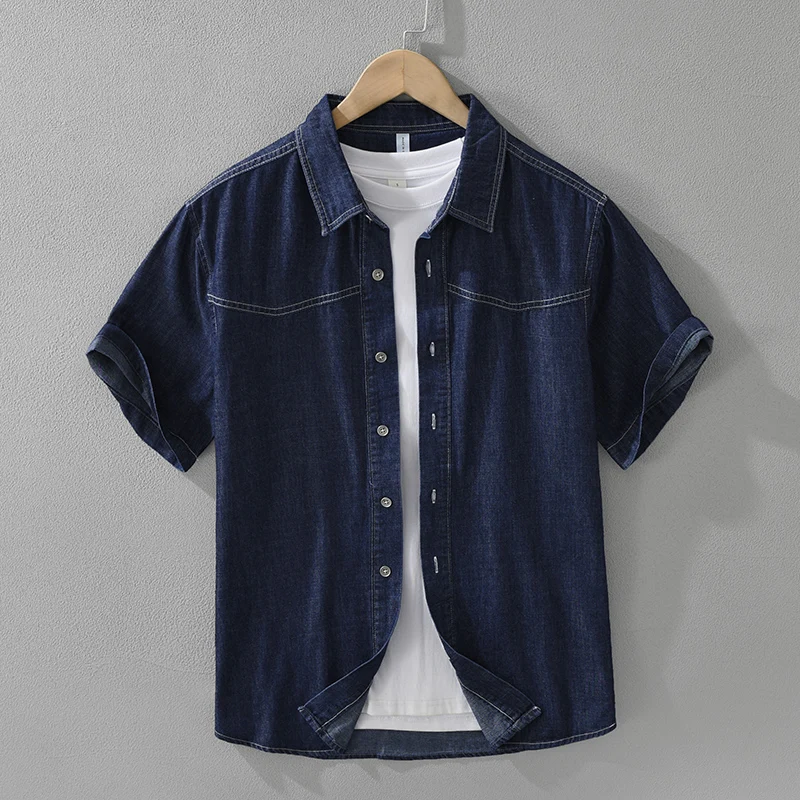 

2026 Summer New Cargo Vintage Cotton Denim Short Sleeve Shirt for Men Slim Turn-down Collar Shirt