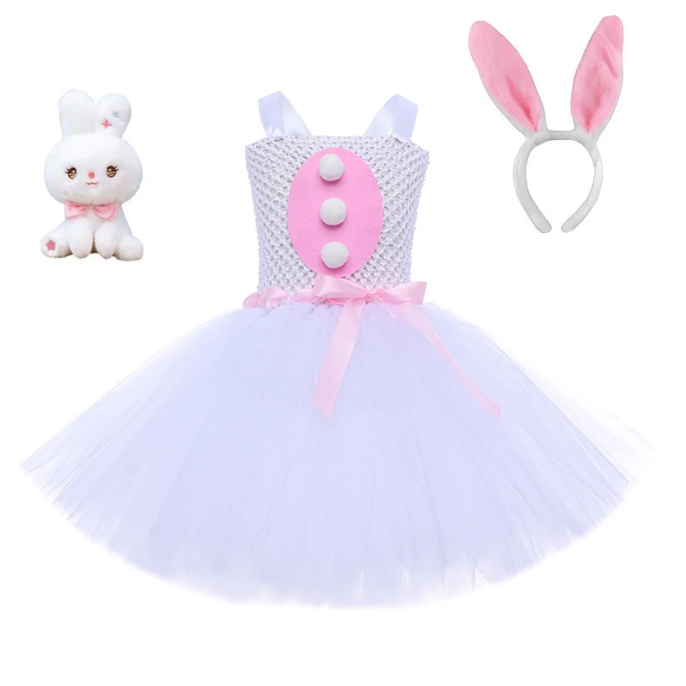 Easter White Bunny Costumes for Baby Girls Birthday Halloween Dresses for Kids Easter Holiday Outfit with Rabbit Ears Doll